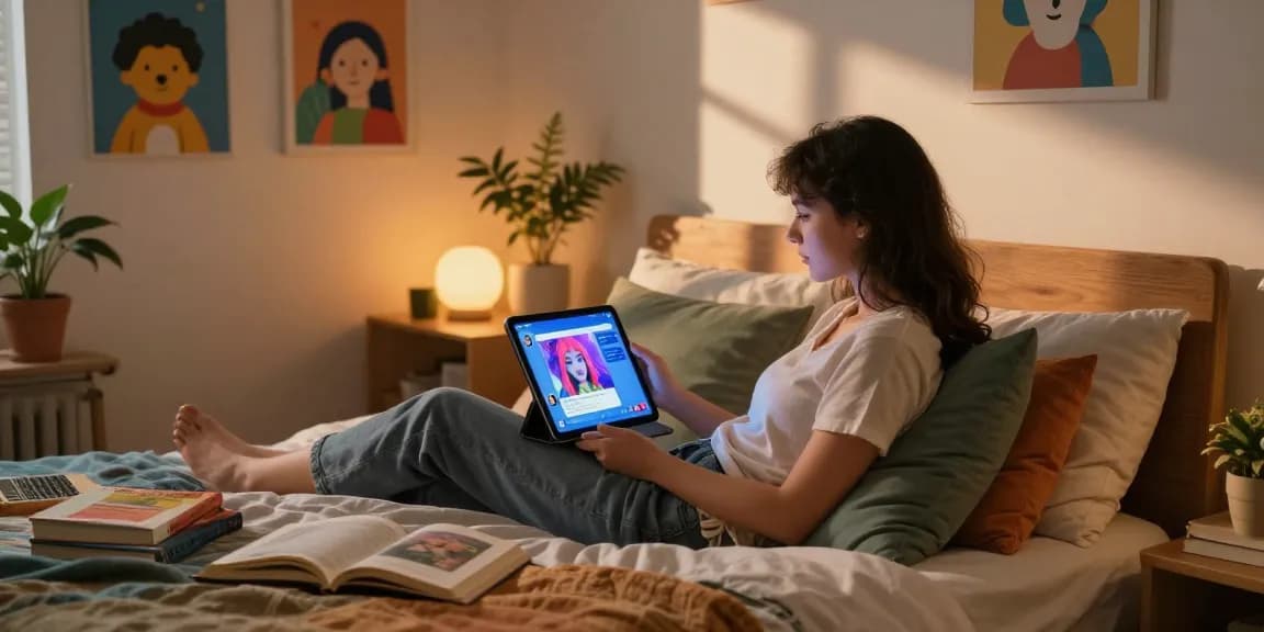 Interactive ai chat nsfw session with vibrant character on tablet in cozy bedroom.