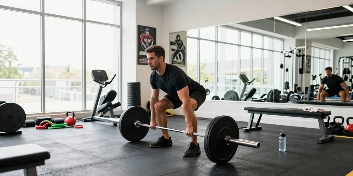 Astera Shop's dedicated fitness scene with a weightlifter training hard in a bright gym.