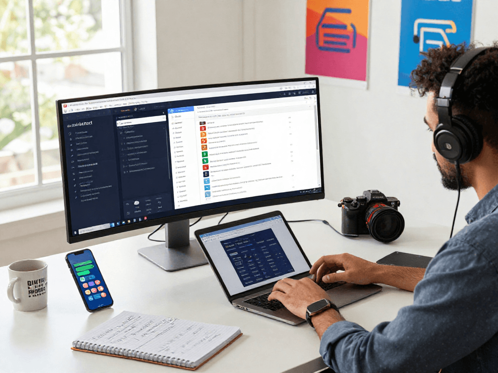 Marketer analyzing data using an antidetect browser in a tech-savvy workspace.