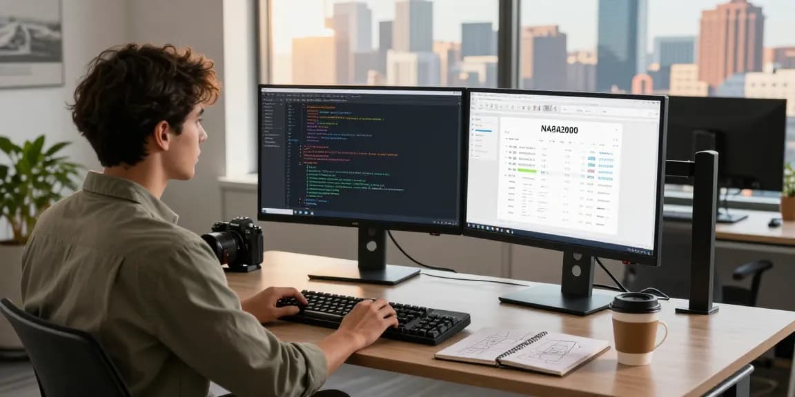 NAGA2000 software engineer at a tech workspace, analyzing design on multiple monitors