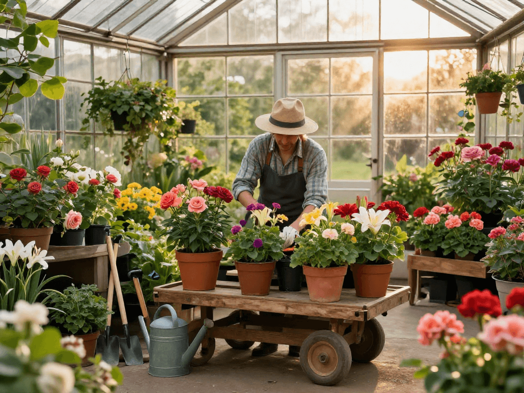 Gardener arranging vibrant flowers in a garden center slot filled with colorful blooms.