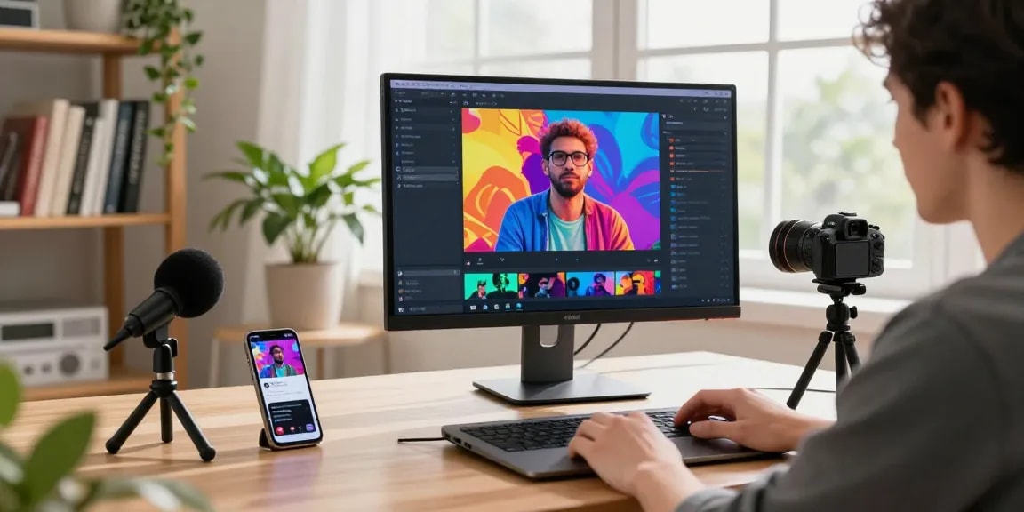 Content creator using an AI video generator tool in a modern digital workspace.