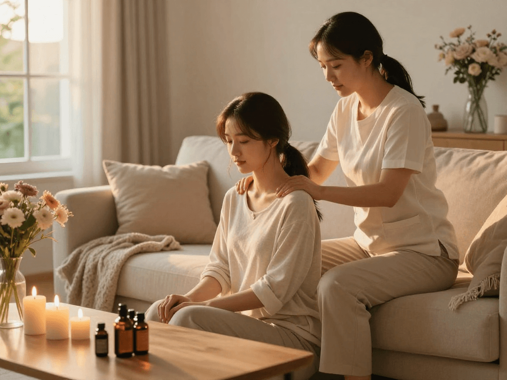 Young woman experiencing a soothing 노원출장안마 massage in a serene home setting for relaxation and rejuvenation.