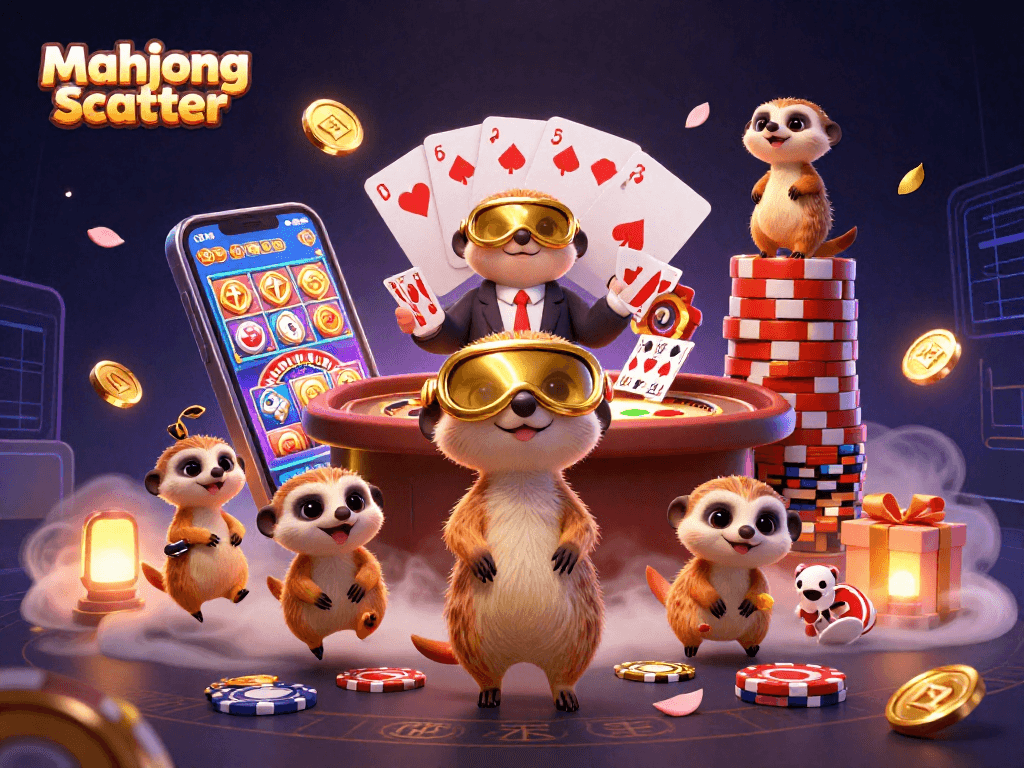 Experience the mahjong scatter excitement with vibrant casino meerkats in a dynamic 3D illustration.