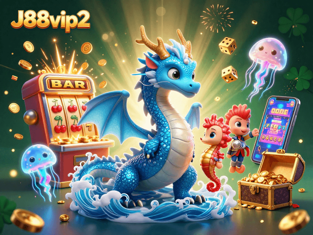 Engage in the excitement of gaming with J88vip2, featuring a vibrant casino scene with dragons and jackpots.