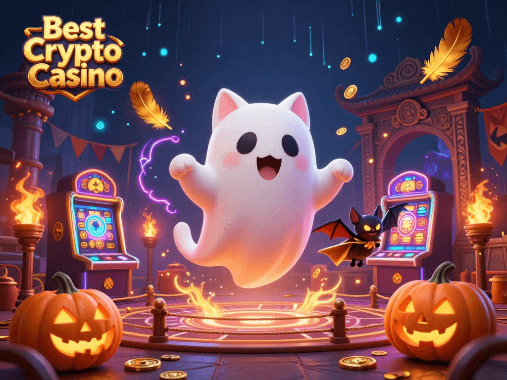 Engage in the Best Crypto Casino experience with a vibrant 3D animated scene featuring a ghost cat and glowing poker-themed jack-o-lanterns.