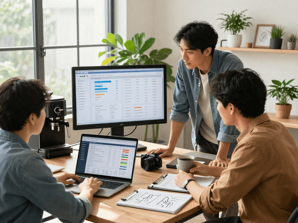 Home service marketing agency operators collaborating on local SEO strategies in a modern office setting.