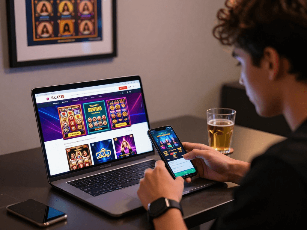 Engaging online gambling scene showcasing link alternatif raja328 with player exploring vibrant games.