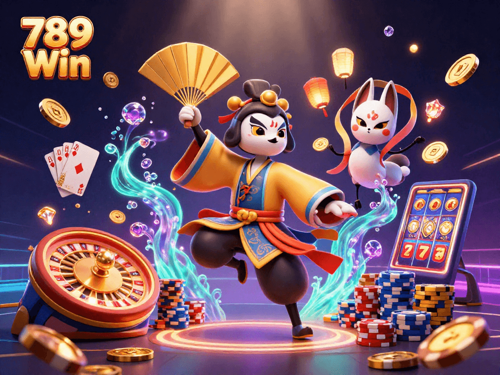 Experience thrilling moments at 789 Win with kabuki warriors and vibrant casino elements.