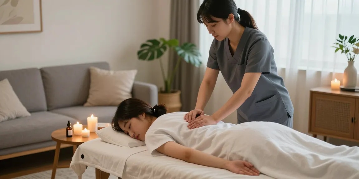 Providing 인계동출장마사지 in a serene home environment, highlighting relaxation and professional care.