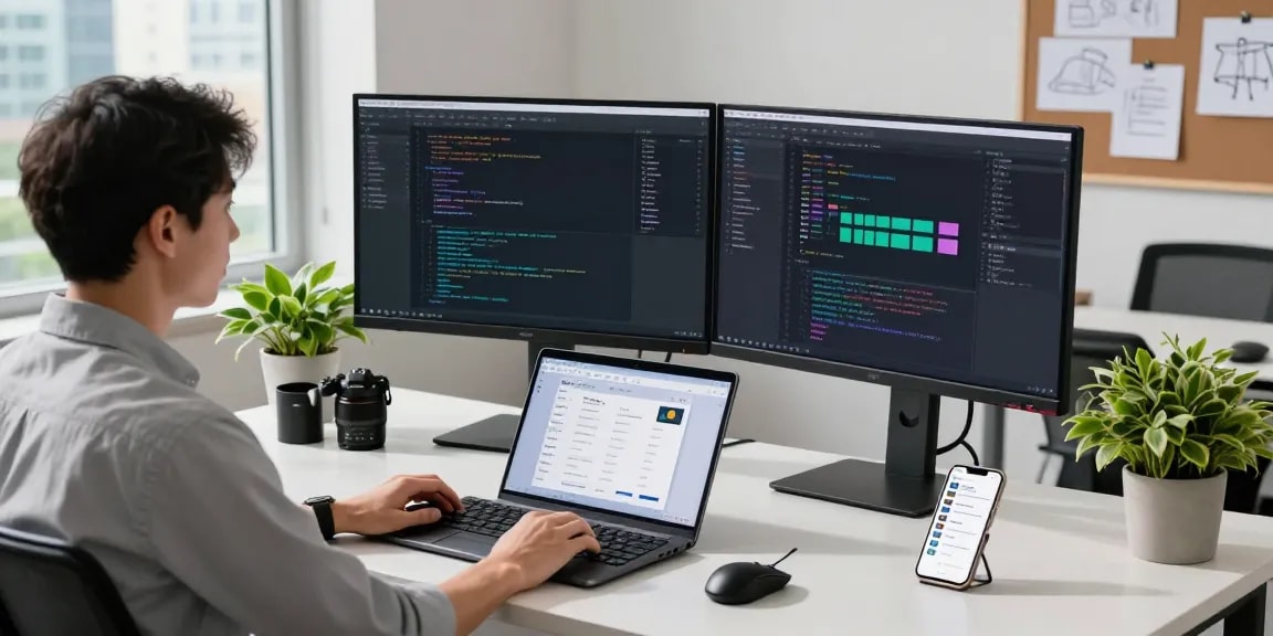 Modern workspace showcasing software development with multiple screens, highlighting productivity and innovation at https://rtischeduler.co.uk/