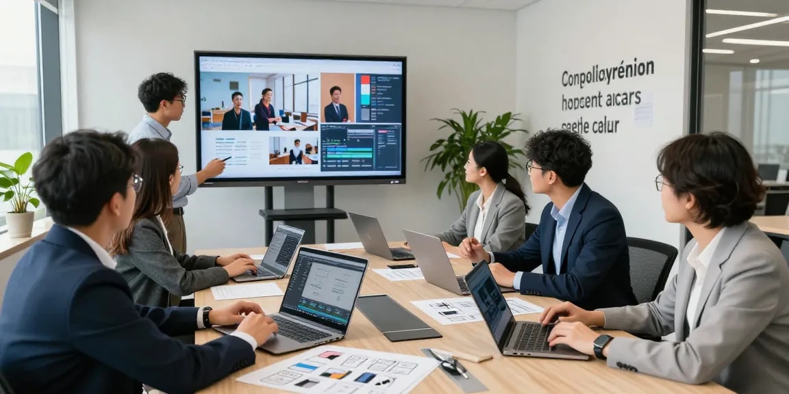 Corporate Video Production House in Singapore team brainstorming video strategies in a vibrant office.