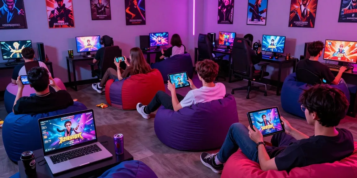 Exciting scene of players enjoying porn games on various devices in a vibrant gaming lounge.