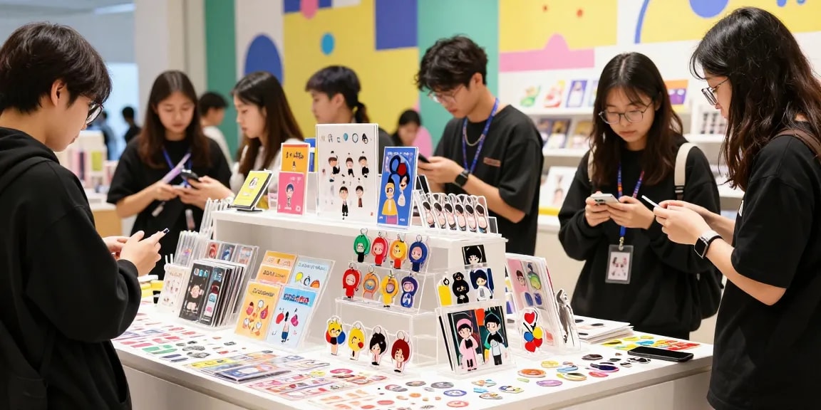 Custom acrylic stand designs showcased in a lively retail setting, highlighting unique merchandise.