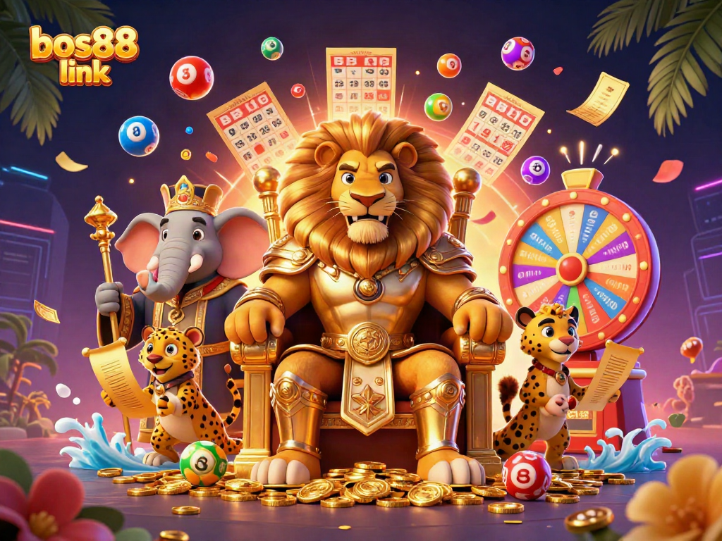 Menang besar di bos88 link dengan kartu bingo, bola lotere berwarna-warni, dan pemandangan kasino yang megah.