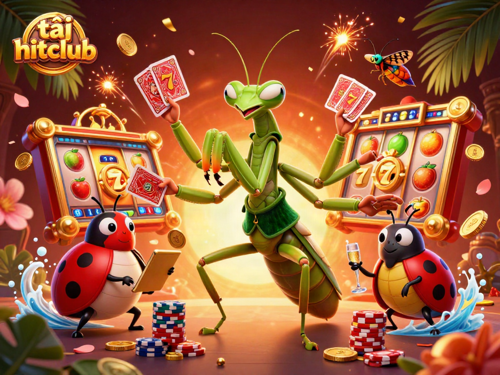 Engage with the vibrant scene at tải hitclub, showcasing a lively casino atmosphere with a praying mantis and ladybug.
