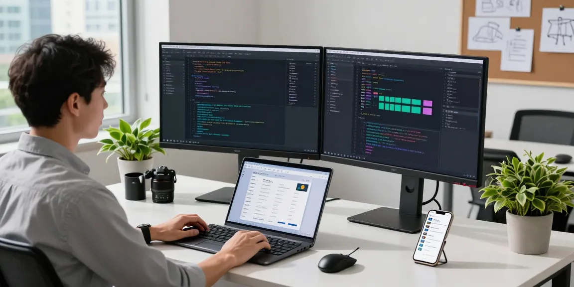 Modern workspace showcasing software development with multiple screens, highlighting productivity and innovation at https://rtischeduler.co.uk/