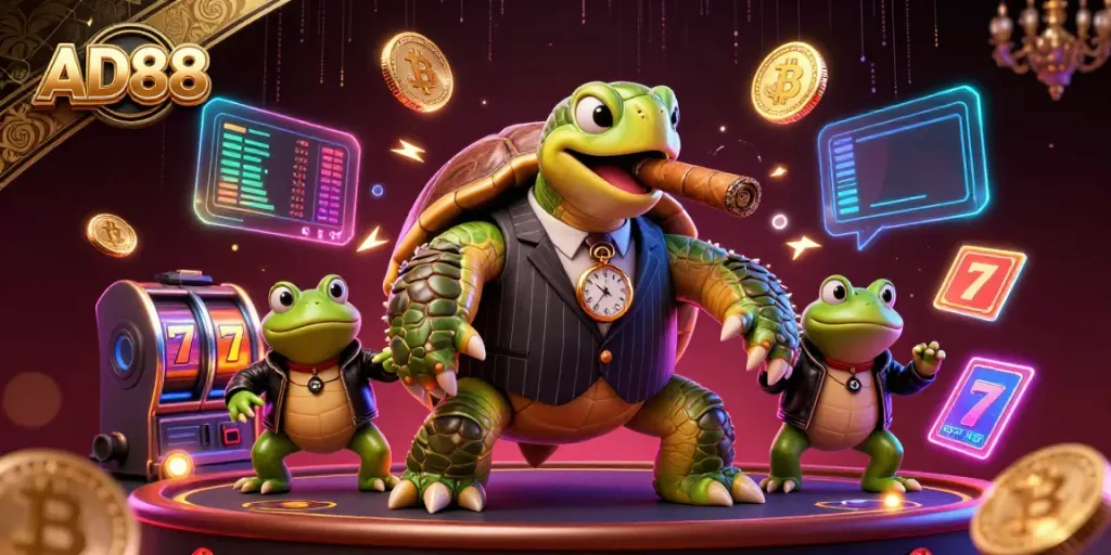 Experience AD88 thrills with a cartoon snapping turtle mobster, Bitcoin, and vibrant casino elements.