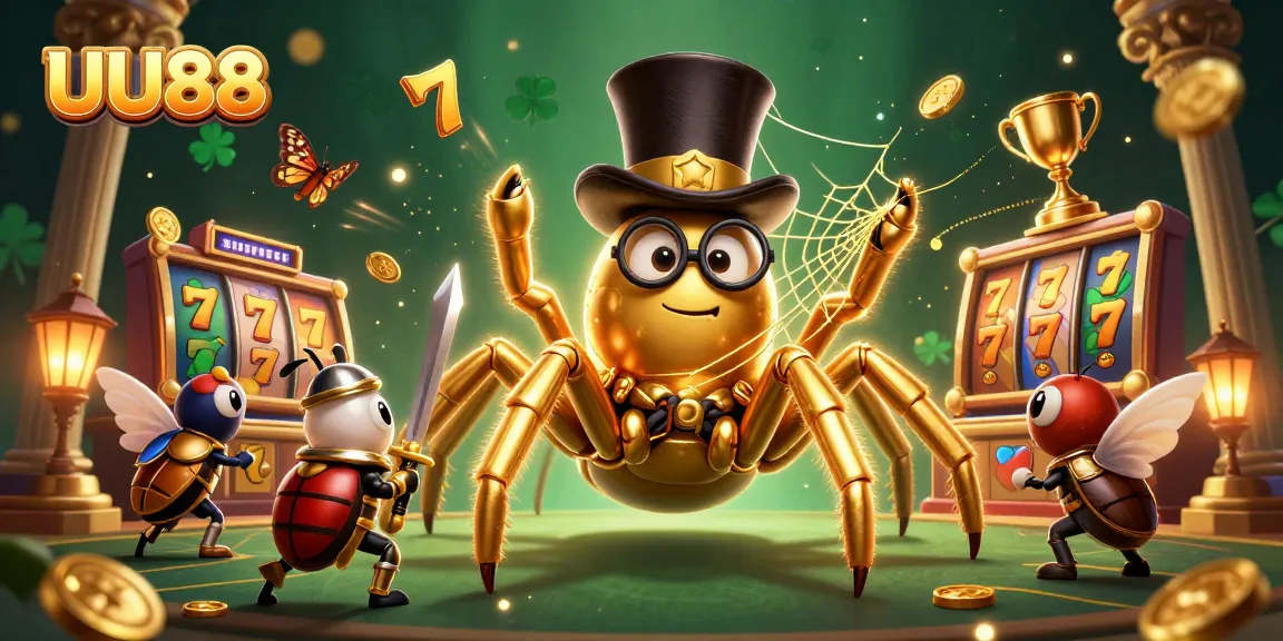 Engage with UU88's dynamic slot gaming featuring golden tarantula and beetle knight in action.