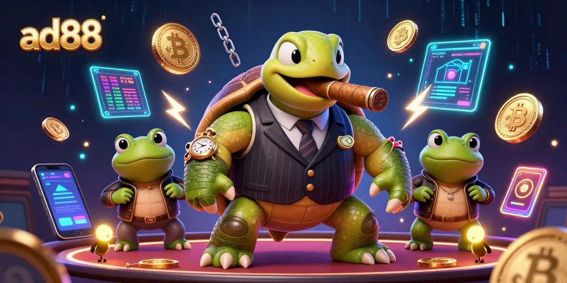 ad88 celebrates gaming thrills with a cartoon snapping turtle mobster and bullfrog enforcers, surrounded by vibrant crypto elements.