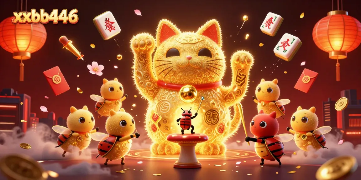 Engage with exciting games at xxbb446, featuring a lucky cat and vibrant casino symbols.
