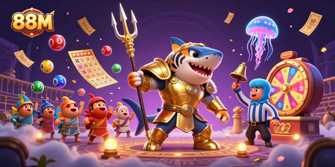 Experience thrilling 88M gaming action with a glorious shark gladiator in a vibrant scene.