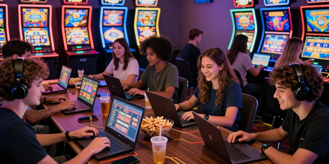 Engaging gaming night at situs slot, friends playing online slots with vibrant casino atmosphere.