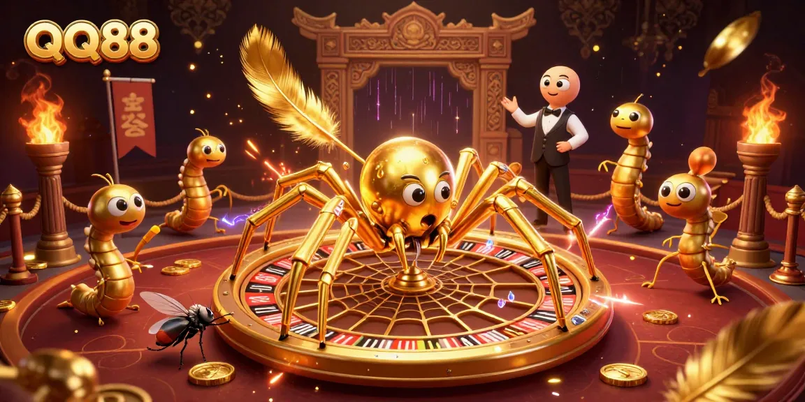 Place bets at QQ88 with a fly on a roulette wheel, spun by a centipede croupier amid vibrant casino elements.