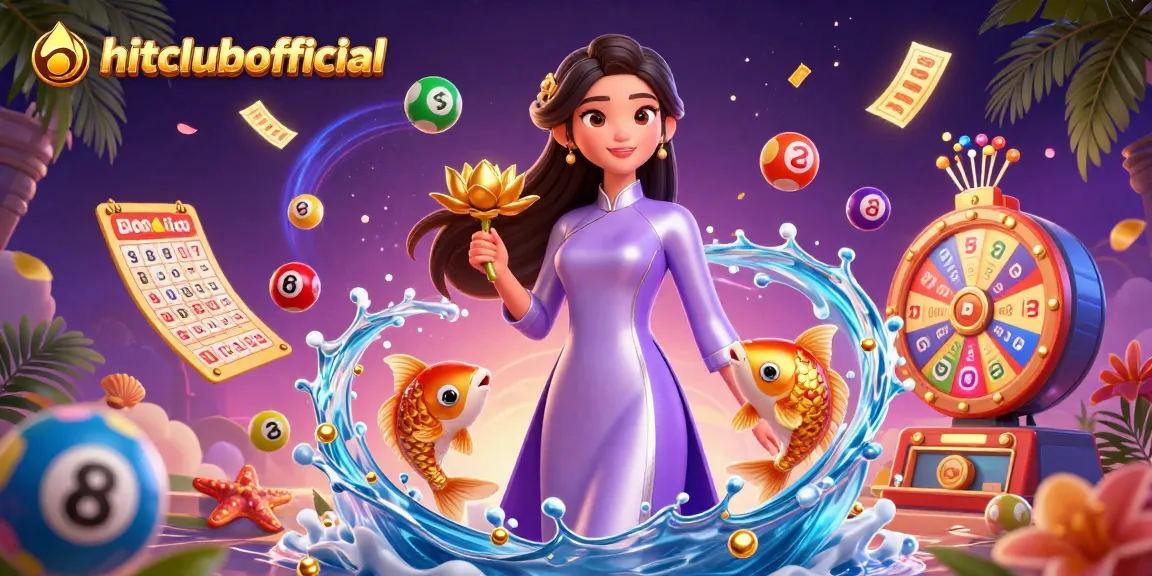 Engage with hitclubofficial's vibrant lottery scene featuring a skilled Asian woman and golden koi fish.
