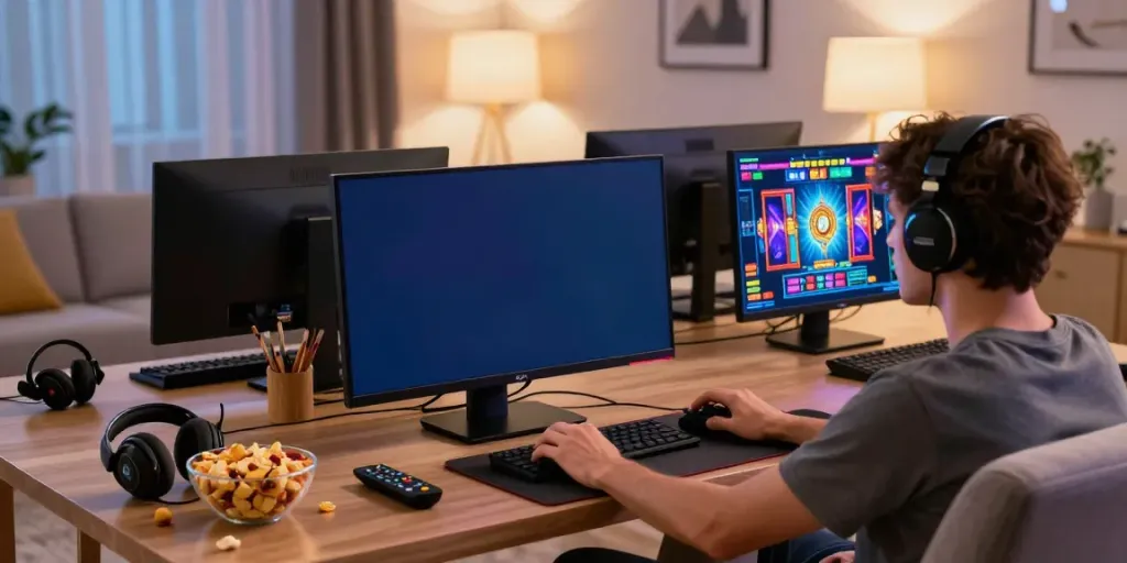Engaged player at home enjoying wira55 slot games on a large screen.