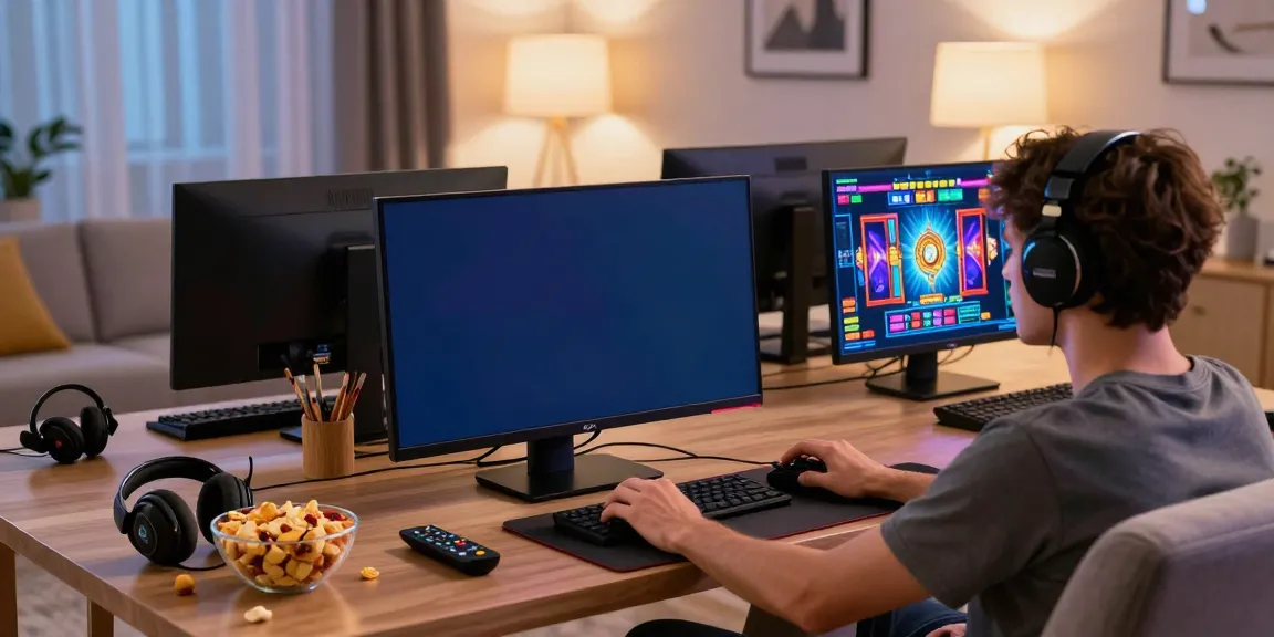 Engaged player at home enjoying wira55 slot games on a large screen.