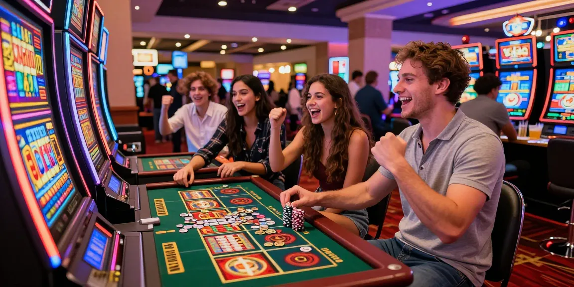 Exciting scene of friends celebrating a win at a ggsoft slot machine in a lively casino.