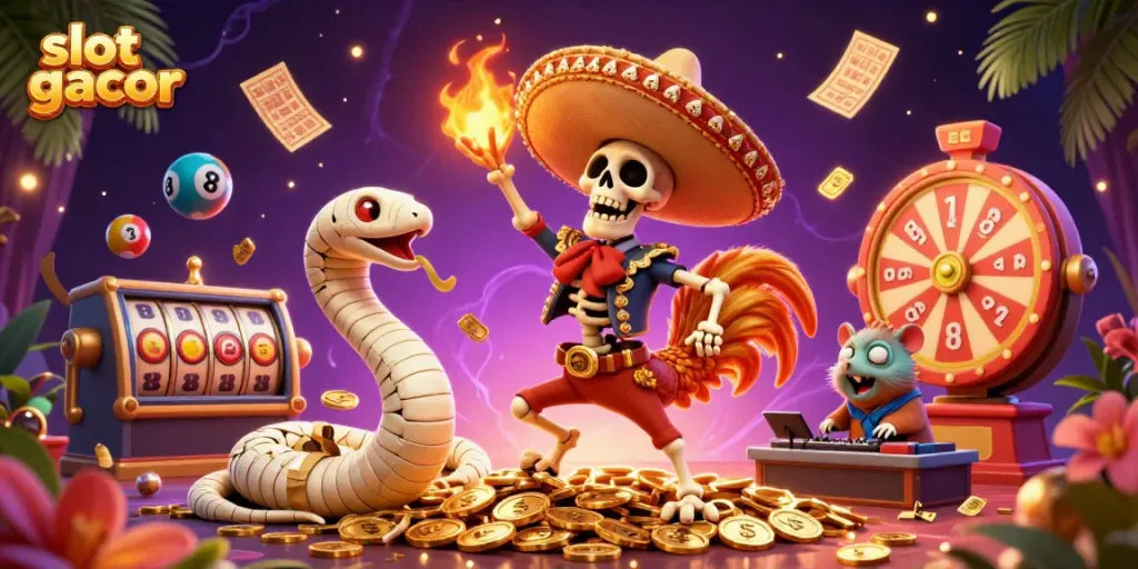 Engage with slot gacor in a vibrant casino scene featuring a dancing skeleton mariachi rooster, a mummy snake, and a DJ hamster surrounded by dynamic game elements.
