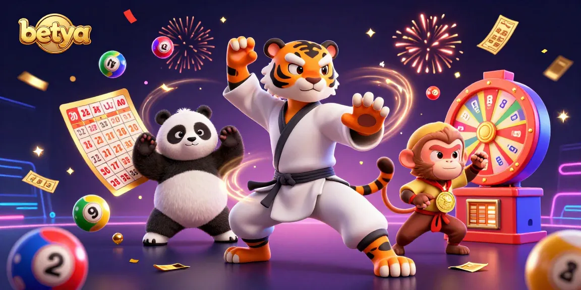 Experience thrilling games at betya with a kung fu tiger and panda amidst vibrant casino elements.