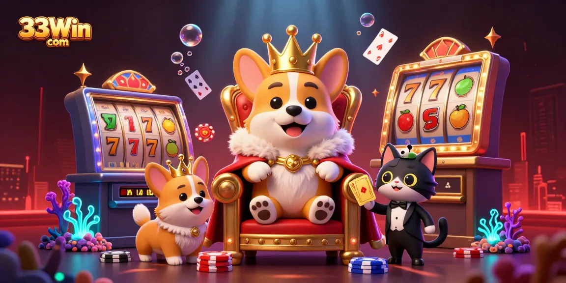 Win big with 33Win com in this vibrant slots paradise illustration showcasing playful characters and dynamic gaming elements.