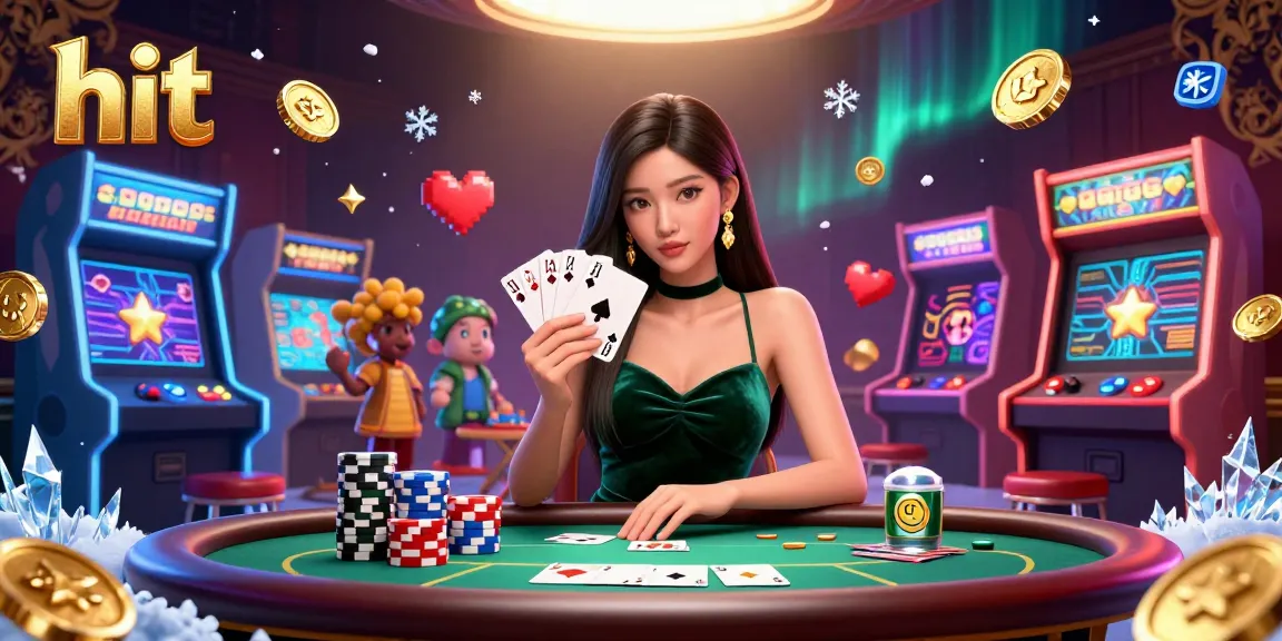 Hit the jackpot with a stunning Asian woman playing poker at a luxury table, surrounded by vibrant game elements.