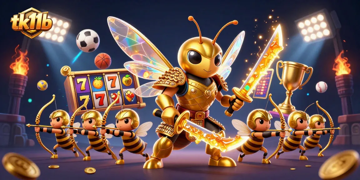 Engage in thrilling slot gameplay with tk11b featuring dynamic 3D elements like golden trophies and vibrant sports balls.