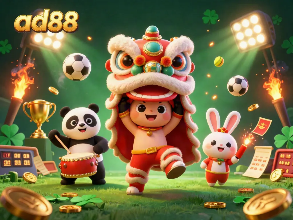 ad88 engages players with an exciting 3D illustration of a lion dance and dynamic sports elements.