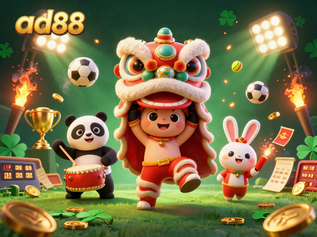 ad88 engages players with an exciting 3D illustration of a lion dance and dynamic sports elements.