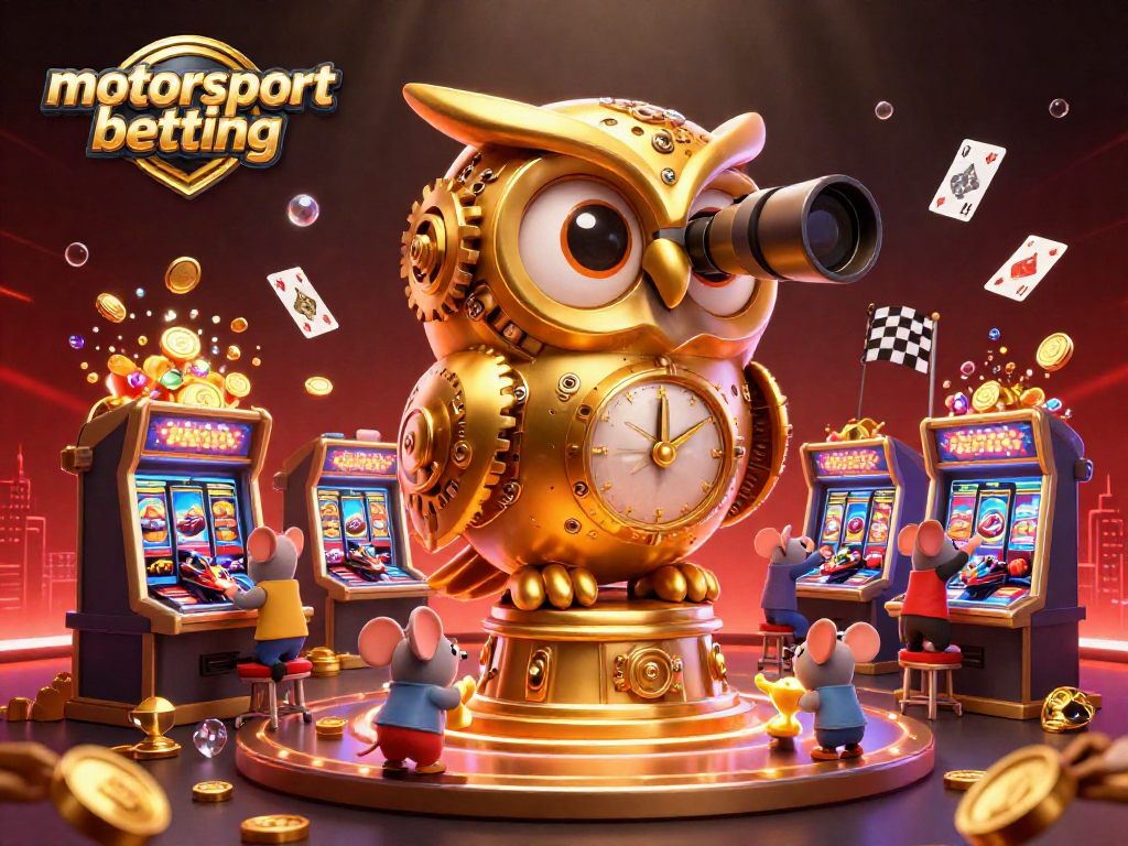 Engage in motorsport betting with a dynamic scene showcasing racing-themed elements and gold coins.