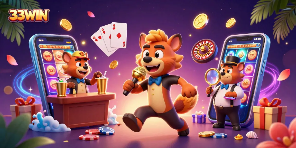 Experience the thrilling casino atmosphere with 33WIN, where hyenas entertain in a vibrant scene of gaming excitement.