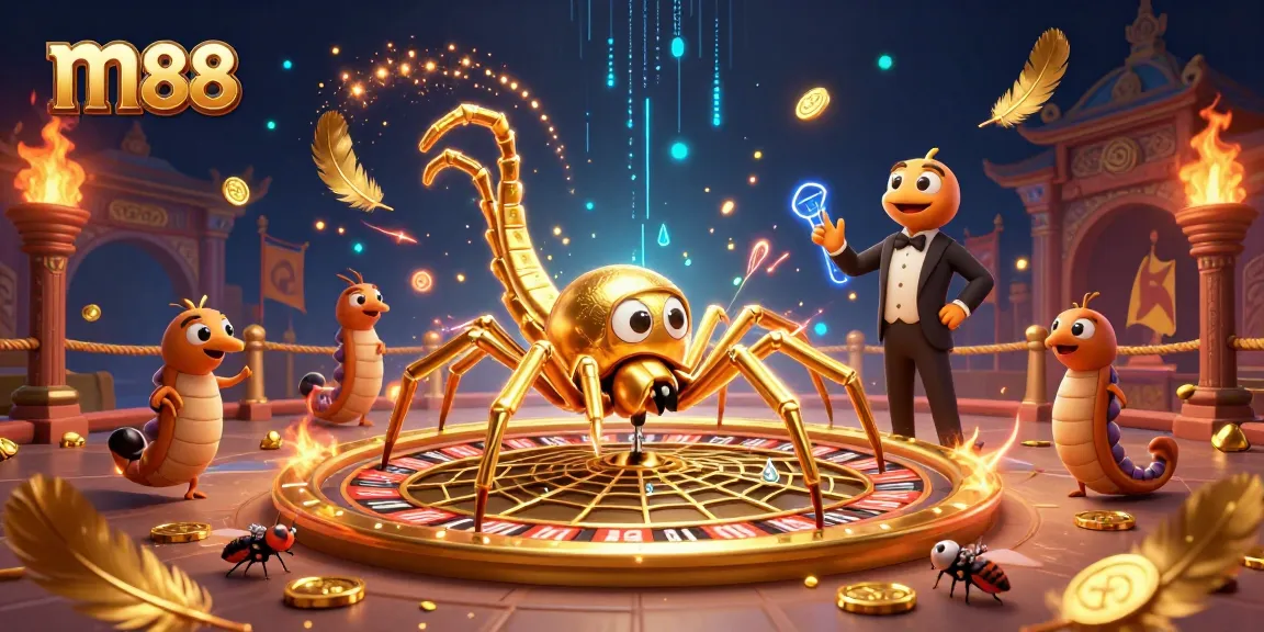 Experience exciting bets at m88 with a cartoon spider web roulette wheel and a lively gaming atmosphere.