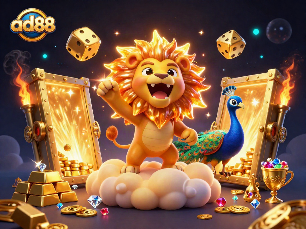 Experience the thrill of ad88 with vibrant casino-themed 3D illustration showcasing gold, dice, and excitement.