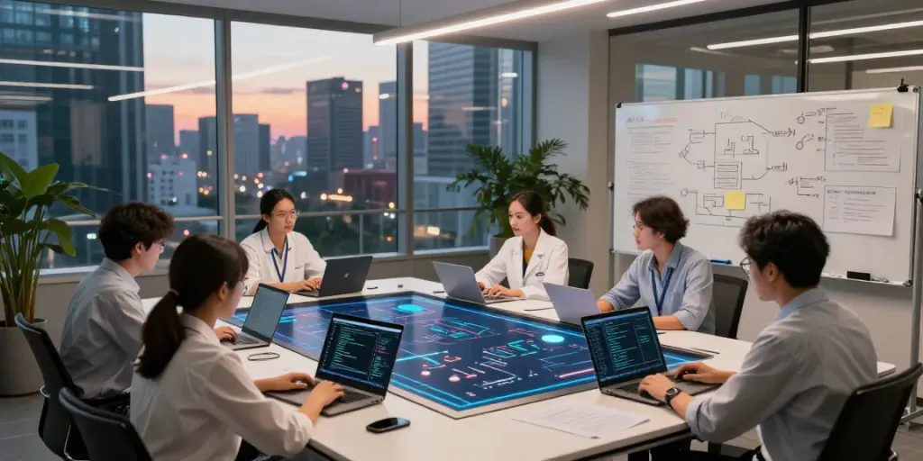 Team working on Enterprise AI solutions with data visualizations in a modern workspace