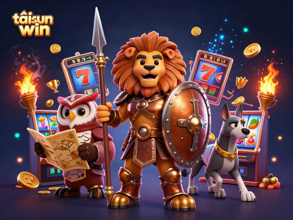 Experience the thrill of tải sun win through dynamic 3D characters engaging with slot machines and golden trophies.