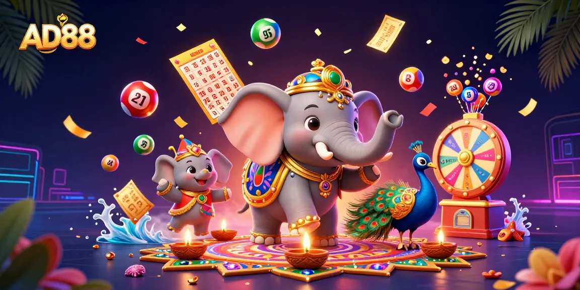 Experience the vibrant world of AD88 with dynamic lottery balls, spinning wheels, and colorful characters in a casino setting.