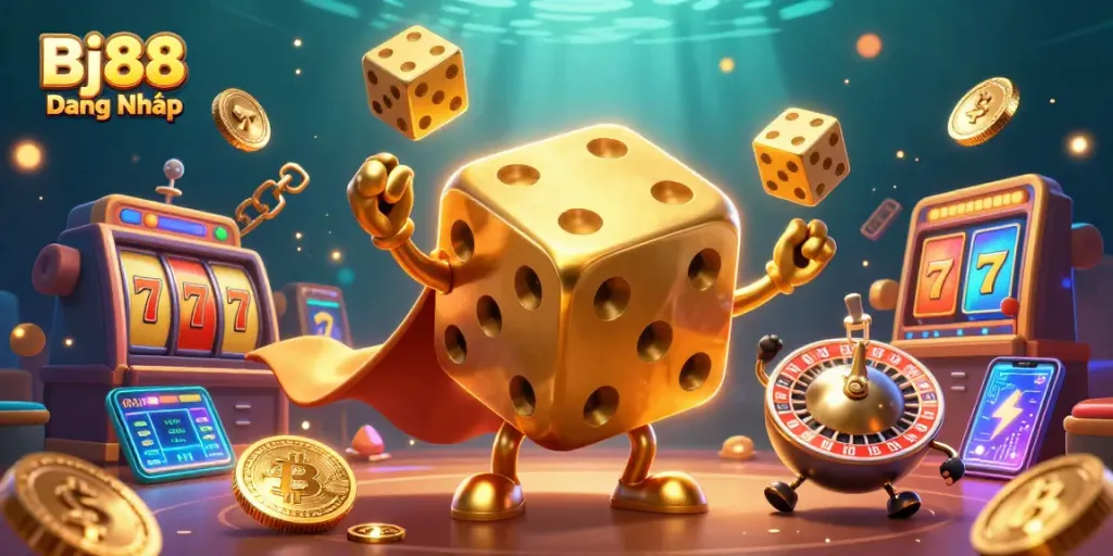 Experience Bj88 Đăng Nhập with a vibrant casino scene featuring colorful slot reels and golden dice.