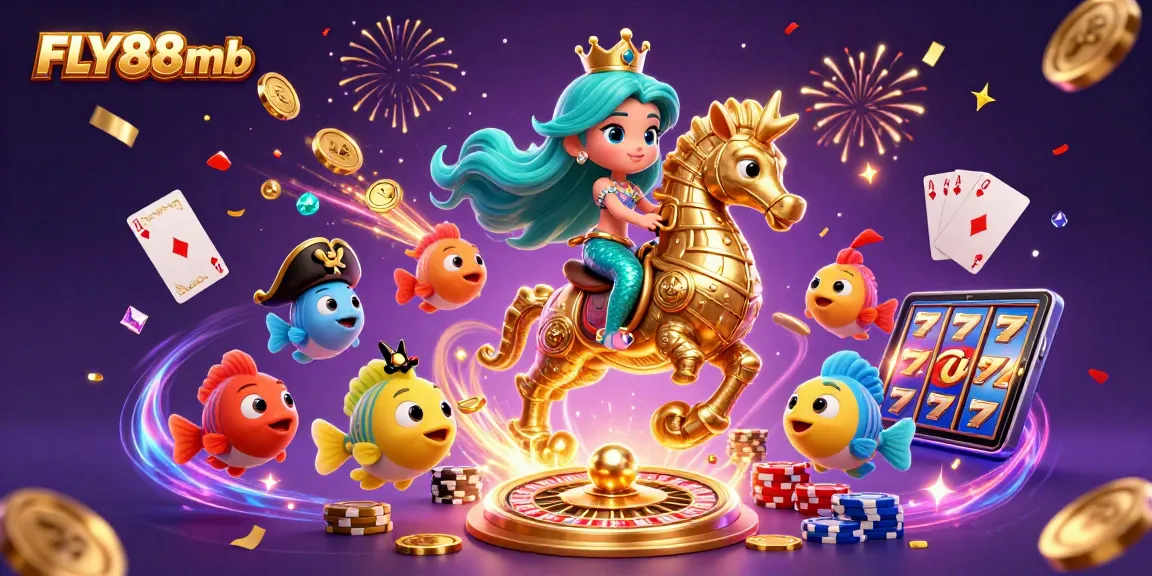 Exciting gaming scene with FLY88mb, featuring a cartoon mermaid with treasures and vibrant casino elements.