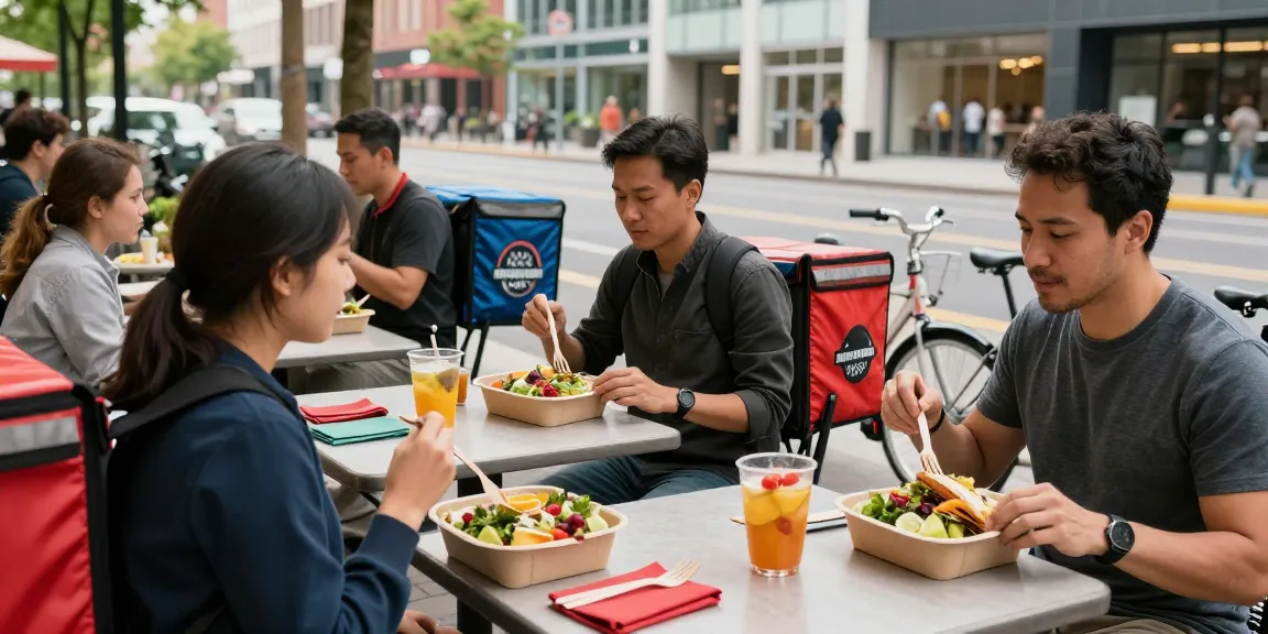 People enjoying gourmet food boxes at an outdoor café slotting lunchtime with healthy options.
