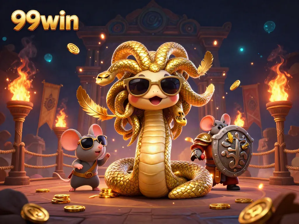 Win big at 99win in this vibrant 3D casino-themed illustration featuring Medusa and adventure elements.